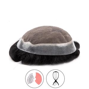 Mens Hulala Mono Top Thin Skin around  Human Hair Toupee+Free portable wig stand